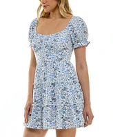 Trixxi Juniors' Floral-Print Puff-Sleeve Fit & Flare Dress