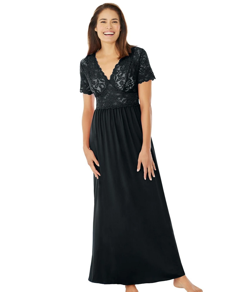 Amoureuse Women's Long Lace Top Stretch Knit Gown