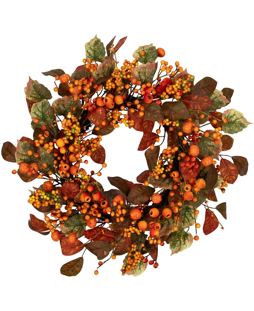 Northlight Berries and Pumpkins Artificial Fall Harvest Wreath - 24" - Orange and Green - Unlit