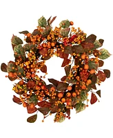 Northlight Berries and Pumpkins Artificial Fall Harvest Wreath - 24" - Orange and Green - Unlit