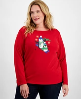 Holiday Lane Plus Penguin Play Long-Sleeve Top, Created for Macy's