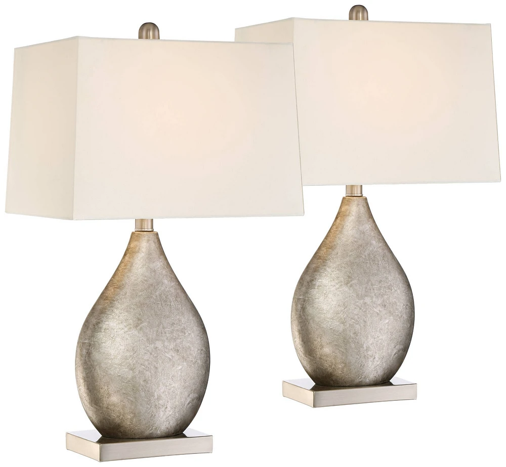 360 Lighting Royce Modern Table Lamps 24 1/2" Tall Set of 2 Silver Metal Teardrop Off White Tapered Rectangular Shade Decor for Bedroom Living Room Ho