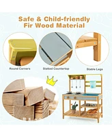 Costway Wooden Play Kitchen Set, Outdoor Kid's Mud Kitchen with Faucet & Water Box