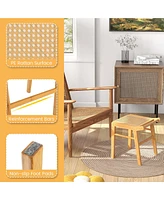 Bamboo Vanity Stool Rattan Top Ottoman Footrest for Living Room Bedroom