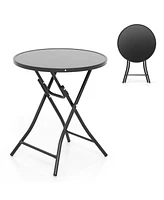 23'' Round Folding Table Outdoor Patio Bistro Table with Tempered Glass Tabletop