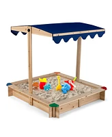 Costway Kids Wooden Sandbox with Height Adjustable & Rotatable Canopy Outdoor Playset