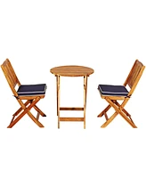 3PCS Patio Folding Wooden Bistro Set Cushioned Chair Conversation Garden