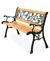 Costway Patio Park Garden Bench Porch Chair Outdoor Deck Cast Iron Hardwood Rose