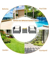 Costway 3 Pc Patio Rattan Furniture Bistro Set Cushioned Sofa Chair Table