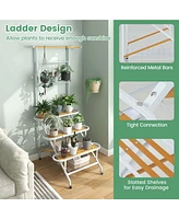 Costway 4-Tier Hanging Plant Stand Ladder Plant Shelf with Hanging Bar & Trellis