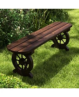 Patio Rustic Wood Bench with Wagon Wheel Base Slatted Seat Design