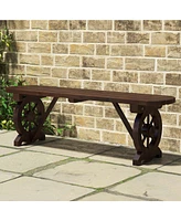 Costway Patio Rustic Wood Bench with Wagon Wheel Base Slatted Seat Design