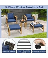 Costway 5 Pcs Patio Acacia Wood Wicker Woven Furniture Set with Coffee Table & 2 Ottomans