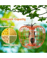 Costway Squirrel-Proof Pumpkin Bird Feeder with Cage 4 Metal Ports 4 Perches Drainage Hole