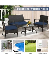 Costway 4PCS Patio Rattan Wicker Furniture Set Cushioned Sofa Armrest Coffee Table