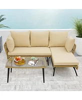 3 Pcs L-Shaped Patio Sofa Set Conversation Furniture with Cushions Deck Garden