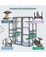 Costway Large Wooden Cat House 71'' Indoor Outdoor Weatherproof Catio Kitten Enclosure