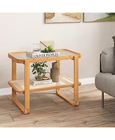 1 Pc Bamboo Side Table with Rattan Shelf Glass Top Nightstand Small Sofa End Table