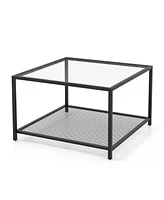 Costway Glass Coffee Table 27.5 Inch 2-Tier Square with Mesh Shelf Living Room