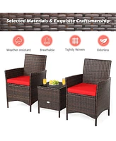 Gymax 3PCS Outdoor Rattan Conversation Set Patio Furniture Set w/ Red Cushions