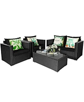 Gymax 8PCS Rattan Patio Conversation Set Outdoor Furniture Set w/ Black Cushions