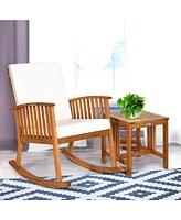 2PCS Acacia Wood Patio Rocking Chair Set Cushioned Coffee Table