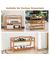 Costway 5-Tier Wood Shoe Rack Solid Acacia Wood Shoe Shelf with Side Metal Hooks