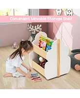Kids Wooden Bookshelf with Wheels 2-Tier Toy Storage Shelf Double-sided Bookcase
