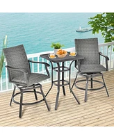 3PCS Patio Rattan Bar Table Stools Set Aluminum 360° Swivel Chairs with Padded Seat