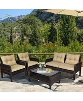 Gymax 4PCS Rattan Wicker Patio Conversation Set Cushioned Outdoor Furniture Set