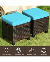 Gymax Set of 2 Patio Rattan Ottoman Footrest Garden Outdoor w/ Turquoise Cushion