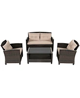 Gymax 4pcs Patio Rattan Conversation Set Cushioned Outdoor Furniture Set