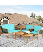 Gymax 8PCS Patio Acacia Wood Furniture Set Pe Rattan Conversation Set w/ Turquoise Cushions