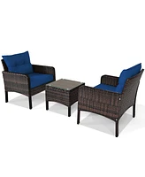 Gymax 3PCS Rattan Patio Conversation Furniture Set Yard Outdoor w/ Navy Cushions