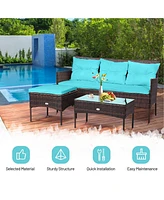 Gymax 3PCS Patio Rattan Sectional Conversation Furniture Set w/ Turqouise Cushions