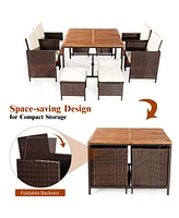 Costway 9PCS Patio Rattan Dining Set Cushioned Chairs Ottoman Wood Table Top
