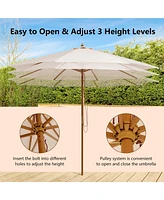 Costway 10FT Patio Wooden Market Table Umbrella Pulley w/8 Bamboo Ribs Sunshade Canopy