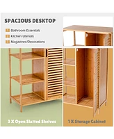 Costway Bathroom Cabinet Bamboo Storage Floor Cabinet w/ Single Door & 3 Open Shelves