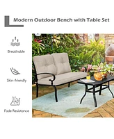 Costway 2PCS Patio Loveseat Bench Table Furniture Set Cushioned Chair