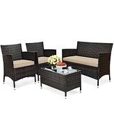 Sugift 4 Pieces Comfortable Outdoor Rattan Sofa Set with Glass Coffee Table
