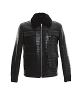 Furniq Uk Men's Black Leather Bomber Jacket, Crocodile Emboss