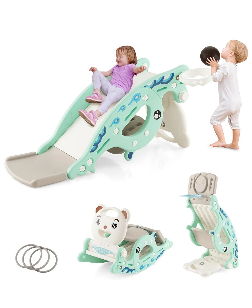 Slickblue 4-in-1 Kids Slide Rocking Horse with Basketball and Ring Toss