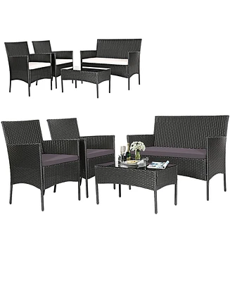 Gymax 4PCS Outdoor Furniture Set Patio Rattan Conversation Set w/ Grey & Off White Cushion