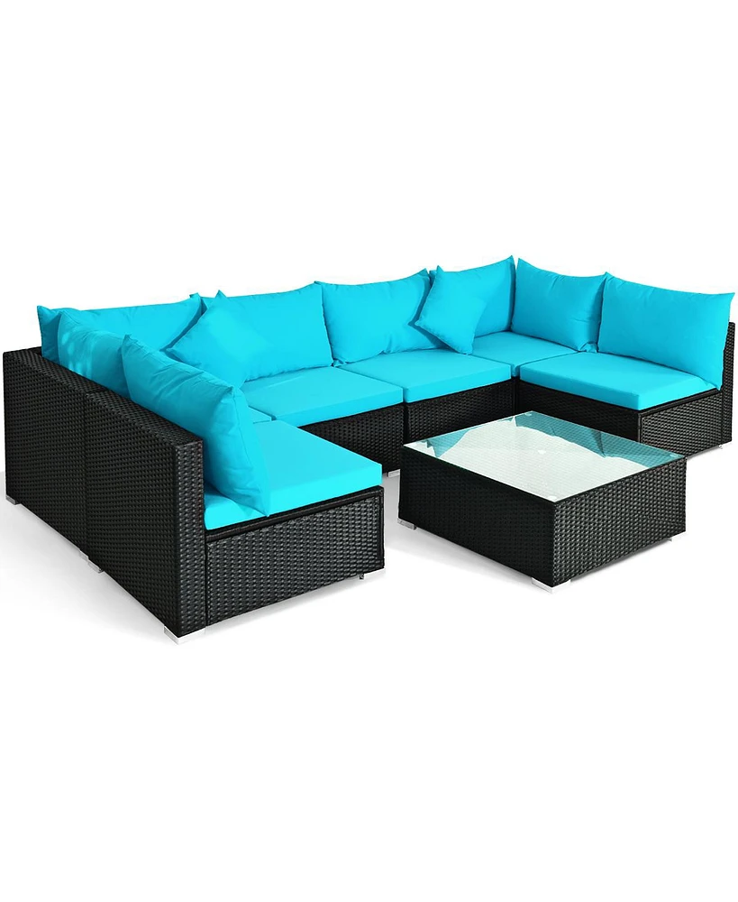 Gymax 7PCS Rattan Patio Conversation Set Sectional Furniture Set w/ Blue Cushion