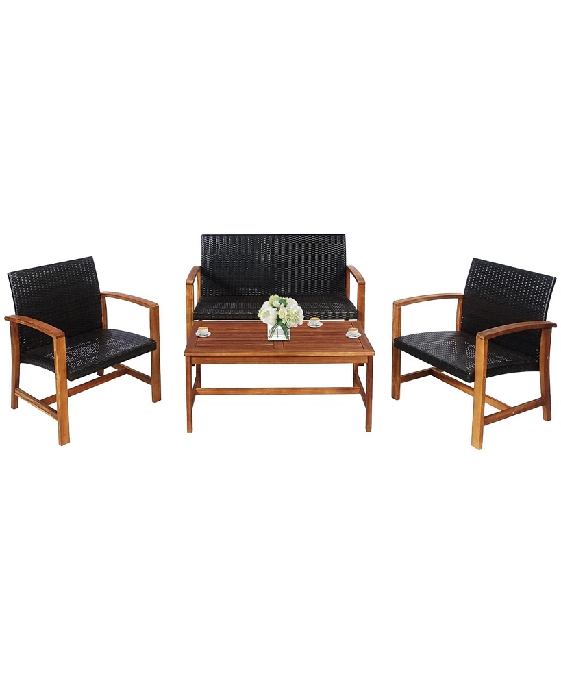 Gymax 4PCS Patio Conversation Set Outdoor Furniture Set w/ Acacia Wood Frame