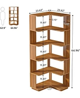 Tribesigns 6 Tier Corner Bookshelf, 64.9 Inch Tall Industrial Bookcase with Anti-Drop Panel, Freestanding Wood Grain Shelf Display Rack