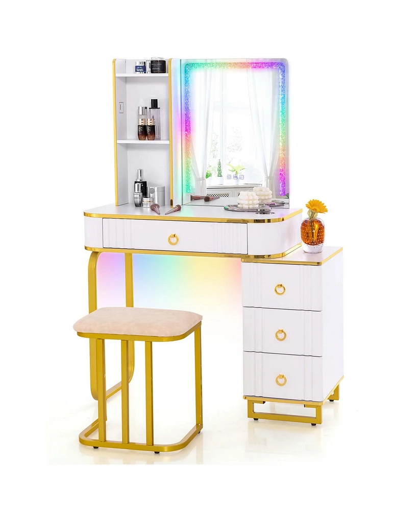 Costway Vanity Table Set with Rgb Led Lights Crystal Crush Diamond Mirror Drawers