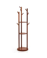 Costway Freestanding Wooden Coat Tree 360° Rotary Coat Rack with 3 Display Storage Shelves