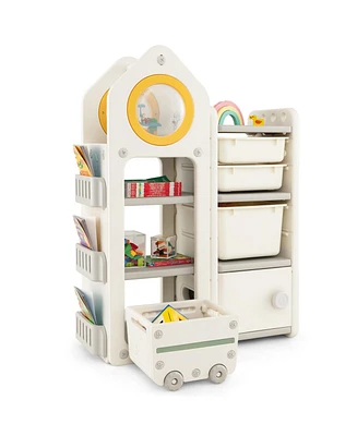 Slickblue Multipurpose Toy Chest and Bookshelf with Mobile Trolley for Bedroom-Beige