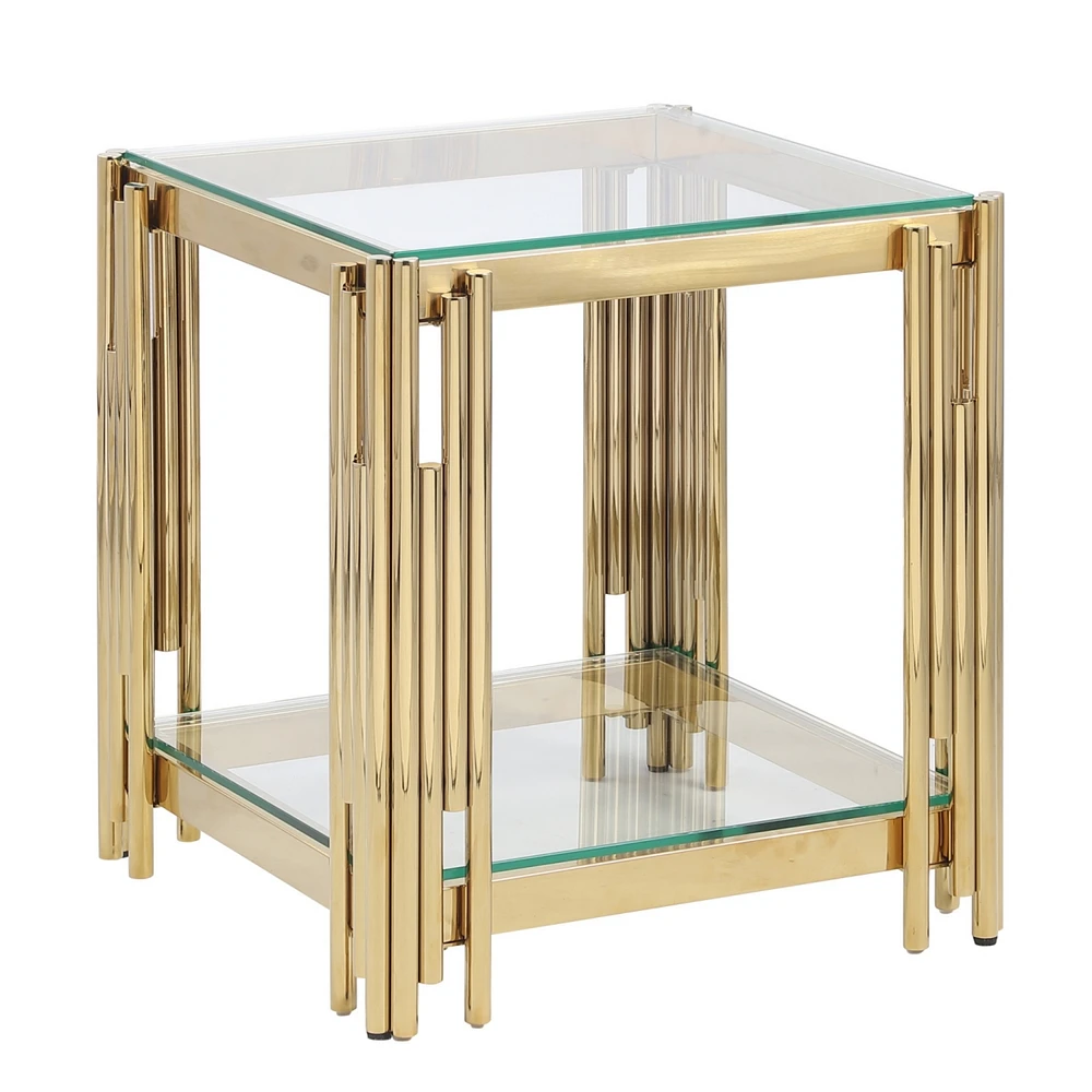 Simplie Fun Furniture Wide Square End Table With Glass Top, Golden Stainless Steel Tempered Glass